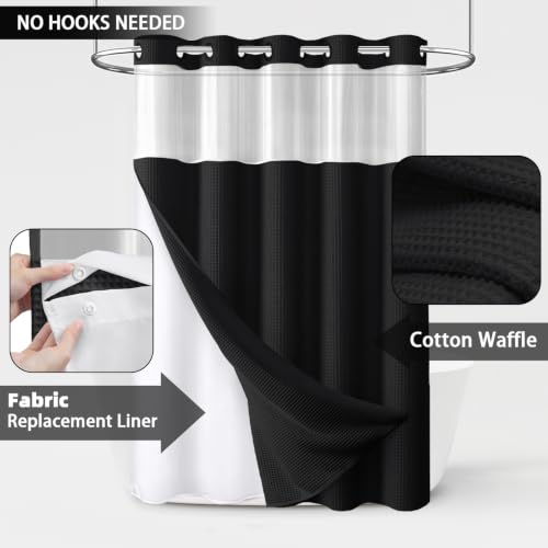 Cotton Waffle Shower Curtain Set Waterproof No Hook with Liner 72x75 Inches