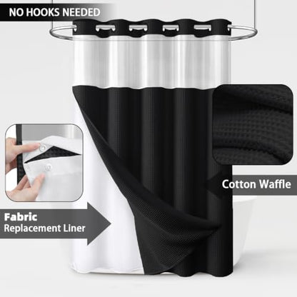 Cotton Waffle Shower Curtain Set Waterproof No Hook with Liner 72x75 Inches
