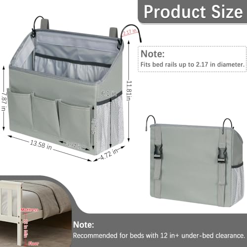 Gray Bedside Caddy Organizer for Dorm Hospital Bed Storage Bag - Full Coverage Support