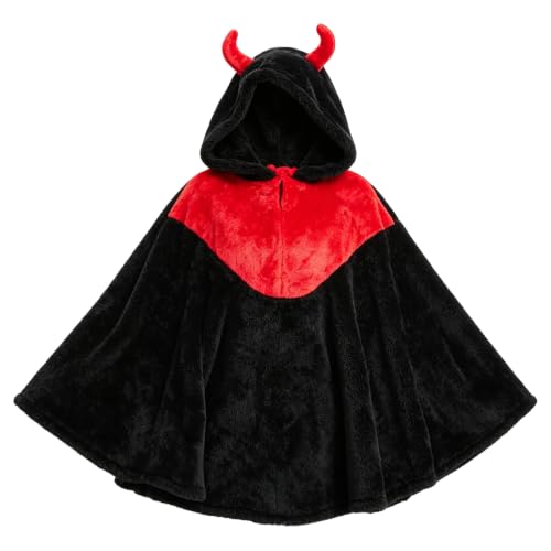 Women's Devil Horn Hooded Fleece Cape Poncho Halloween Costume - Black
