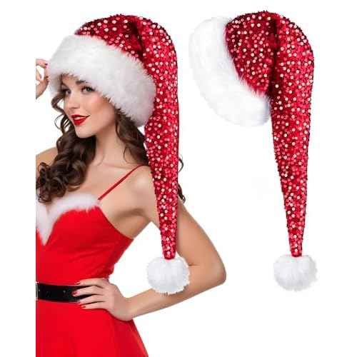 Long Santa Hat for Adults Women Men Unisex Sequin Red Christmas Hat Cap Xmas Hats for New Year Festive Holiday Halloween Costume Party