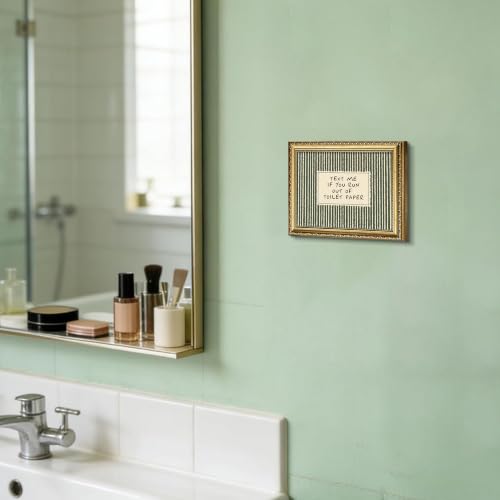 Funny Bathroom Wall Art - Text Me If You Run Out of Toilet Paper Framed Canvas - Green Striped Quote Decor, 8x10in - Bathroom Slogans / Framed