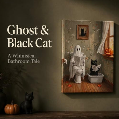 Halloween Ghost Cat Bathroom Wall Art Canvas Print - Framed Decorative Picture 16x12 in