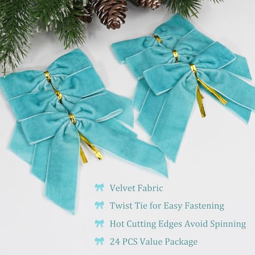 Blue Velvet Christmas Bows for Tree & Decorations - 24 pcs, 3.5x3.5 inch, Holiday Ornaments with Twist Ties - Blue