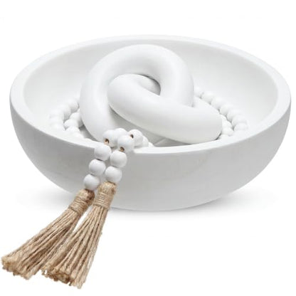Farmhouse Wooden Decorative Bowl Set with Chain Beads - White - Novabright