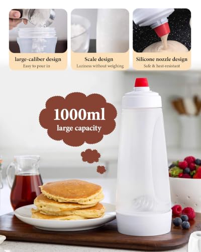 Large 1000ml Pancake Batter Dispenser Bottle for Waffles Crepes & Baking