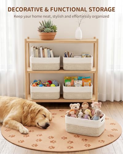 Khaki & White 5 Small Woven Storage Baskets with Handles - Organize Shelves and Drawers
