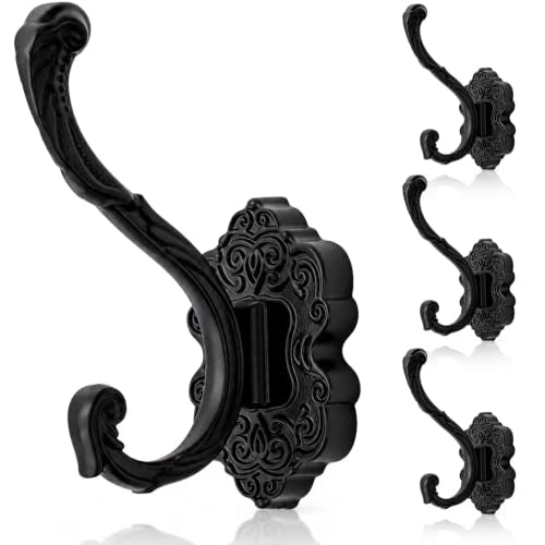 Vintage Black Coat Hook Set - 4 Heavy Duty Wall Hooks for Organizing