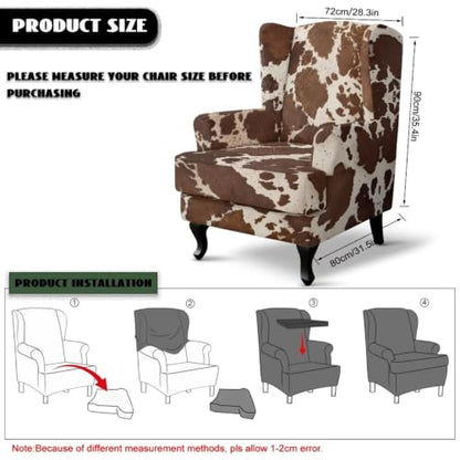 Stretch Wing Chair Slipcover Brown Cow Print 2 Piece Protect & Decor