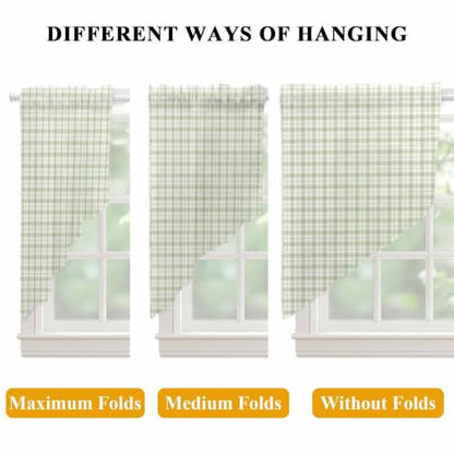 Sage Green Checkered Swag Curtains 28W x 36L Set - Farmhouse Semi-Sheer Window Valances