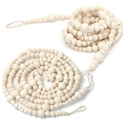Natural Wood Bead Garland 18.4 Ft Rustic Boho Christmas Decor - 2 Pcs