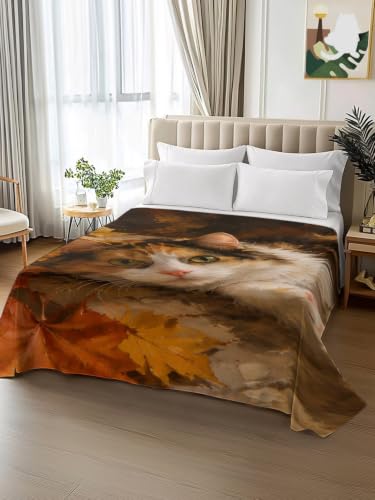 Brown King Size Maple Leaves Flat Bed Sheet Microfiber Fall Foliage Cat Bedding