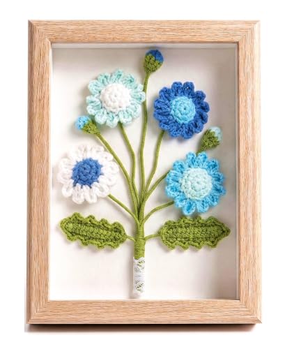 Crochet Flower Bouquet Shadow Box Frame Decor Gift - Blue, 1.2in