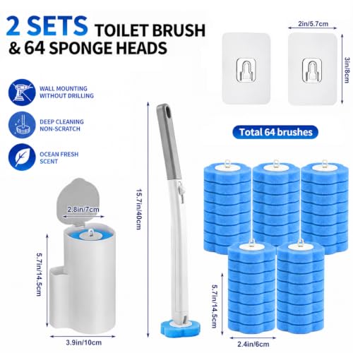 Disposable Toilet Brush Kit with 2 Handles & Holders + 64 Refill Heads - Hygienic No-Touch System