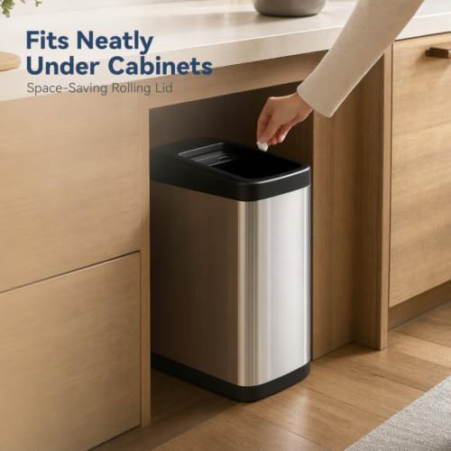 ELLO&ALLO 13 Gallon Touchless Motion Sensor Trash Can - Brushed Stainless Steel, Large, Rolling Lid
