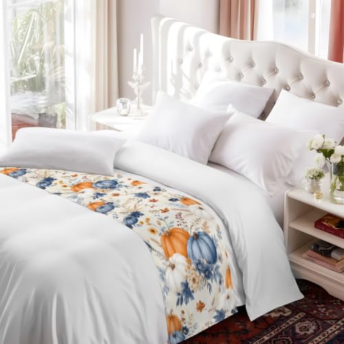 Navy Blue Fall Bed Runner Scarf King Size 94x20 Inch for Bedroom Decor - Navy Blue Beige