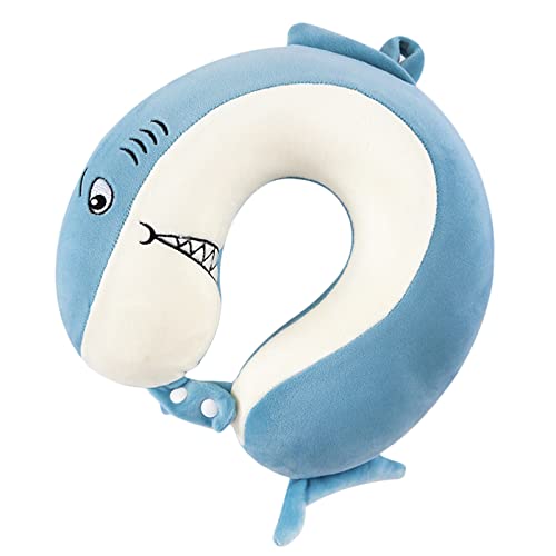 Travel Pillow Memory Foam Head Support Pillows Animal U Shaped Neck Pillow Attachable Snap for Sleeping Car Travel Home Office (Blue-Shark)