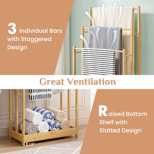 Giantex 3-Tier Free Standing Bamboo Towel Rack with Storage Shelf - Natural