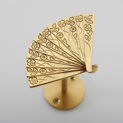 Vintage Brass Curtain Holdbacks with Chinese Folding Fan Pattern - Wall Mount Hooks