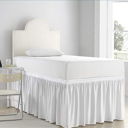 Dorm Room Bed Skirt - Extra Long Twin XL Ruffled Microfiber, White 27" Drop