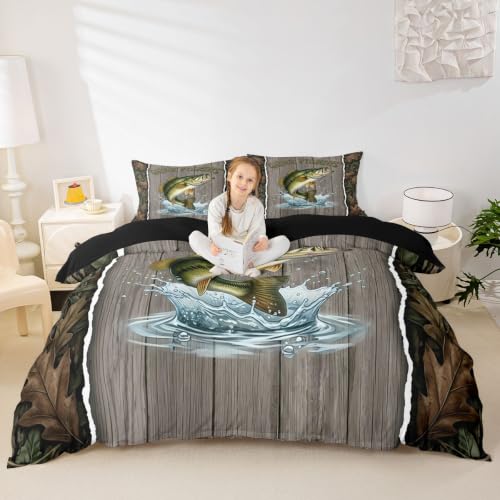 Fishing Hunting Duvet Cover Set Queen Size Rustic Cabin Bedding 3Pcs - Green Grey No Comforter