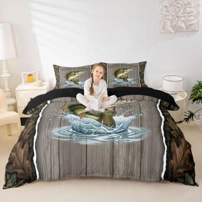 Fishing Hunting Duvet Cover Set Queen Size Rustic Cabin Bedding 3Pcs - Green Grey No Comforter