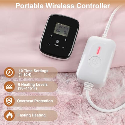 Pink Faux Fur Heated Blanket Queen Size with Wireless Remote 90x90