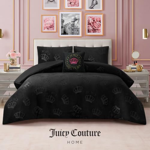 Juicy Couture Reversible Plush Crown Comforter Set - Black, Full/Queen with Decorative Pillow