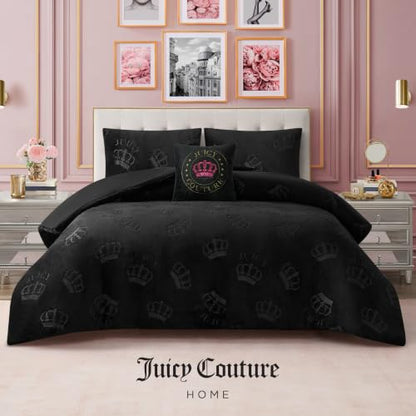 Juicy Couture Reversible Plush Crown Comforter Set - Black, Full/Queen with Decorative Pillow