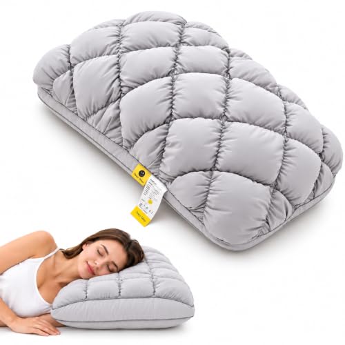 Grey Japanese Plof Pillow - Breathable Quilted Grid Bed Pillow with Neck Support
