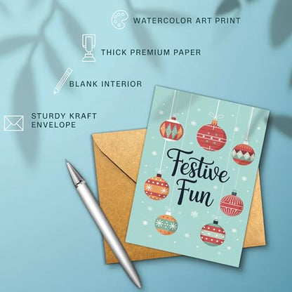 Festive Christmas Card with Colorful Ornaments and Snowflakes - Holiday Greeting Card for Family & Friends
