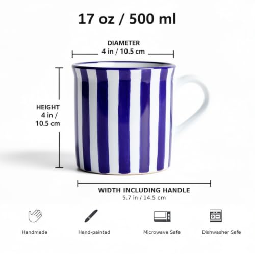 Large Handmade Ceramic Mug 17.5oz Navy Blue Stripe Coffee Tea Cup with Handle