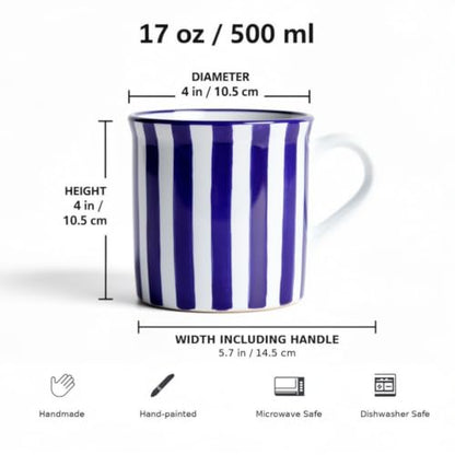 Large Handmade Ceramic Mug 17.5oz Navy Blue Stripe Coffee Tea Cup with Handle