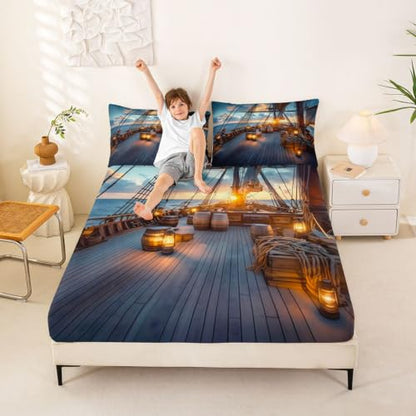 Homewish Queen Size Ship Deck Fitted Sheet No Flat - Blue 07 / Queen