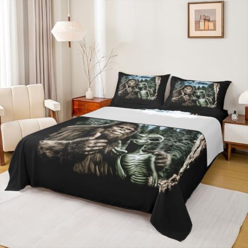 Castle Fairy Bigfeet and Alien Full Size Bed Sheet Set - W54xL75 Inches