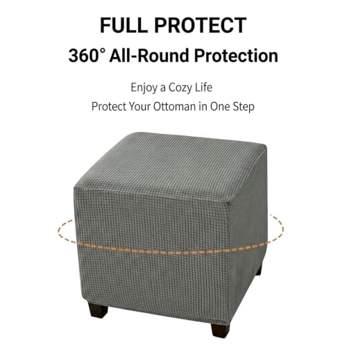 Navy Blue Stretch Jacquard Square Ottoman Cover - Washable Slipcover for 13-18 Inch Cube Footstools