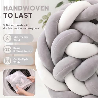 Knot Pillow - Gray White Woven Accent Bolster Cushion 78 Inch, Modern Boho Decor