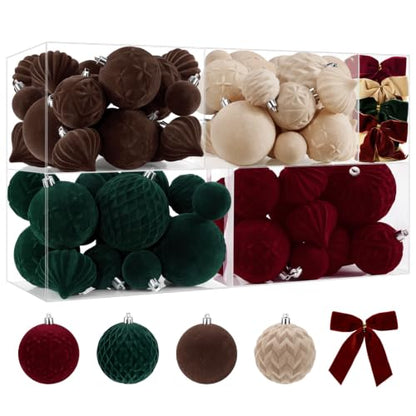 Velvet Christmas Tree Ornaments Set - Red, Green, Gold, Brown - 80pcs with Embossed Patterns