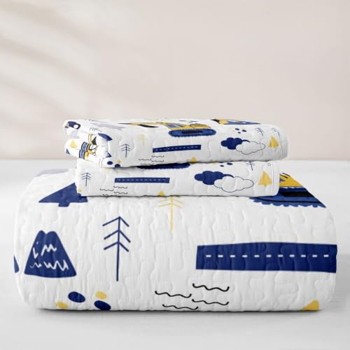 Navy Blue Full Excavator Construction Quilt Set with 2 Pillowcases - All Season Microfiber Bedding