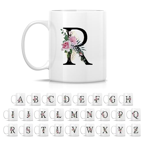 Initial R Floral Botanical Mug - White 11 Oz Ceramic Coffee Tea Cup with Variation