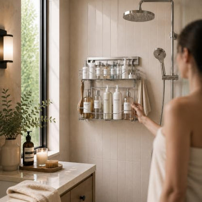2-Tier Premium Shower Caddy with 8 Hooks - Deep & Shallow Baskets, Stainless Steel, Adhesive or Screw Mount