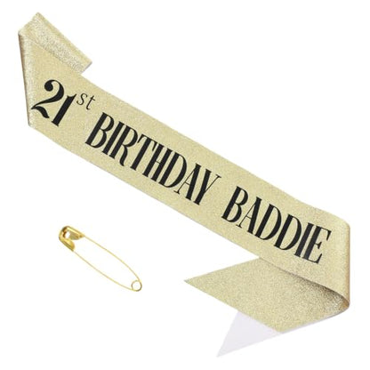 Gold Glitter 21st Birthday Sash - Baddie Party Decoration for Women & Men