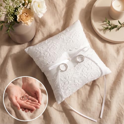 Pearl Ivory Wedding Ring Pillow with Lace and Ribbon Bow for Ceremony