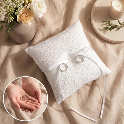 Pearl Ivory Wedding Ring Pillow with Lace and Ribbon Bow for Ceremony