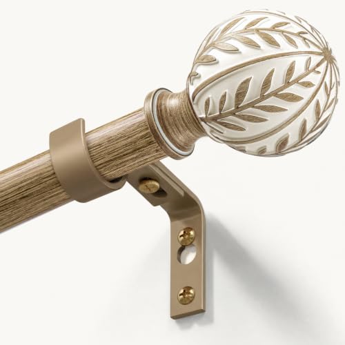 Adjustable Weathered Wood Curtain Rods 72-144 Inch with Decorative Brackets - Hand-Painted Leaf Design