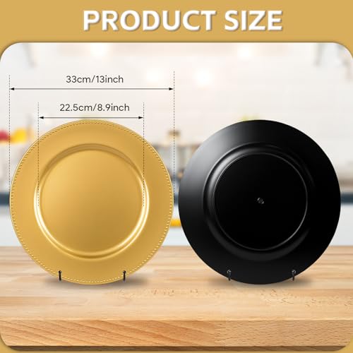 Gold Charger Plates Set of 12 - 13 Inch Beaded Rim Plastic Dinnerware for Weddings and Holidays - Variation: Gold / 12