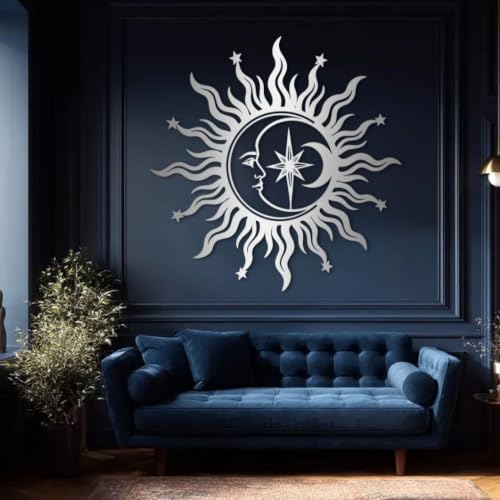 White Sun Moon Stars Metal Wall Art - 31x31in Celestial Wall Decor