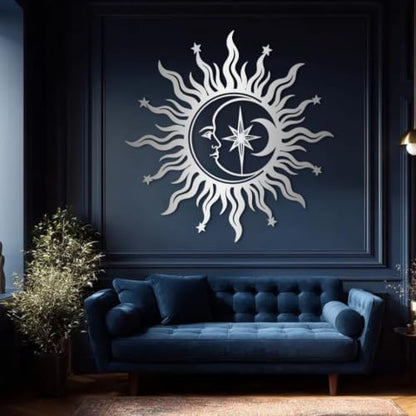 White Sun Moon Stars Metal Wall Art - 31x31in Celestial Wall Decor