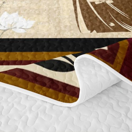 Queen Lotus Quilt Set with Brown White Variation - Soft All-Season Bedspread