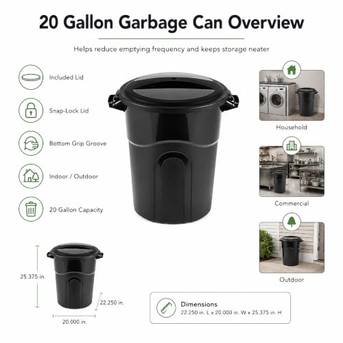Round 20 Gallon Heavy Duty Plastic Trash Can with Locking Lid - Black